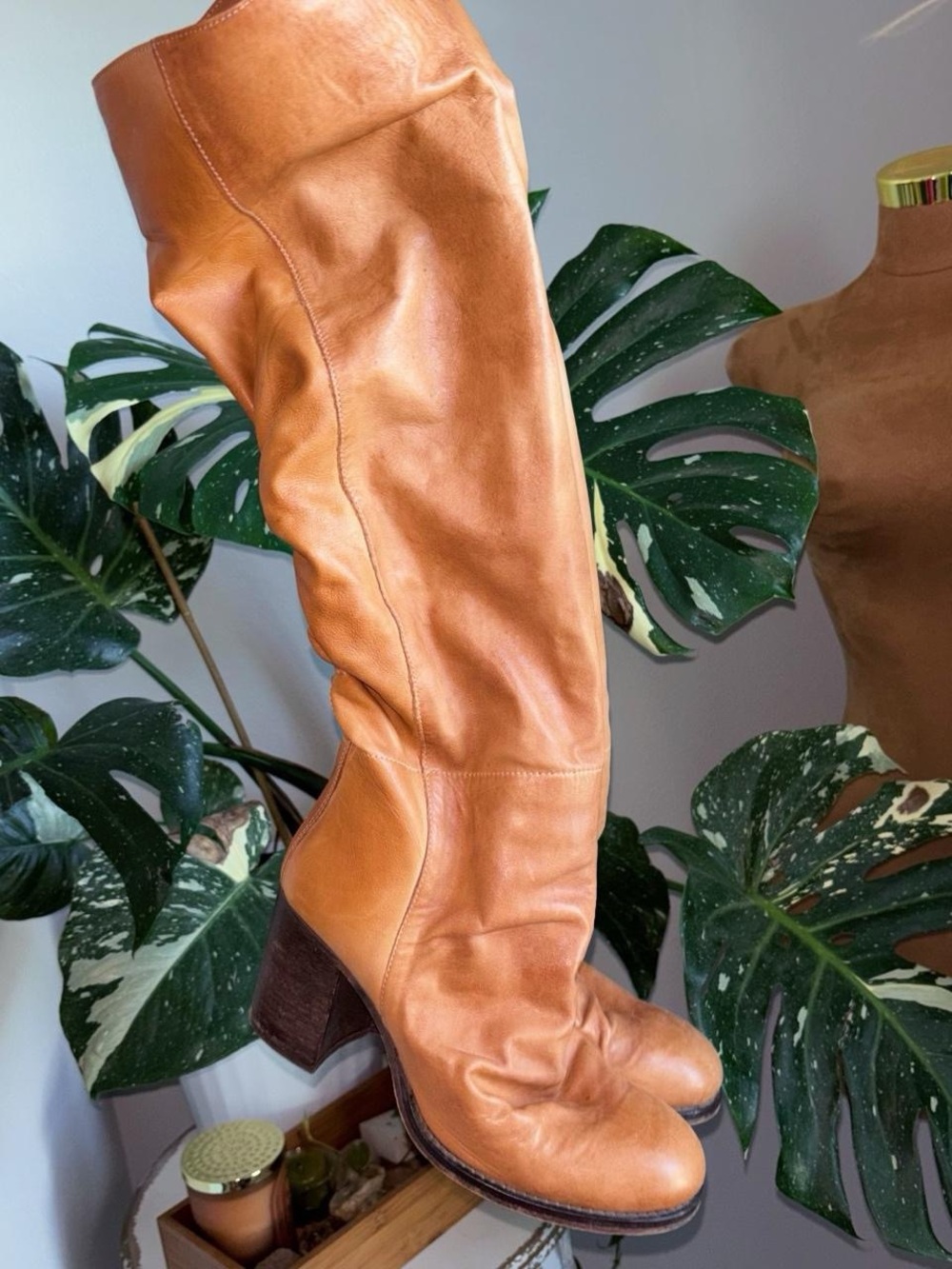 Free People Cognac Leather Tall Slouch Boots EU 38 Boho 70s Made in Portugal